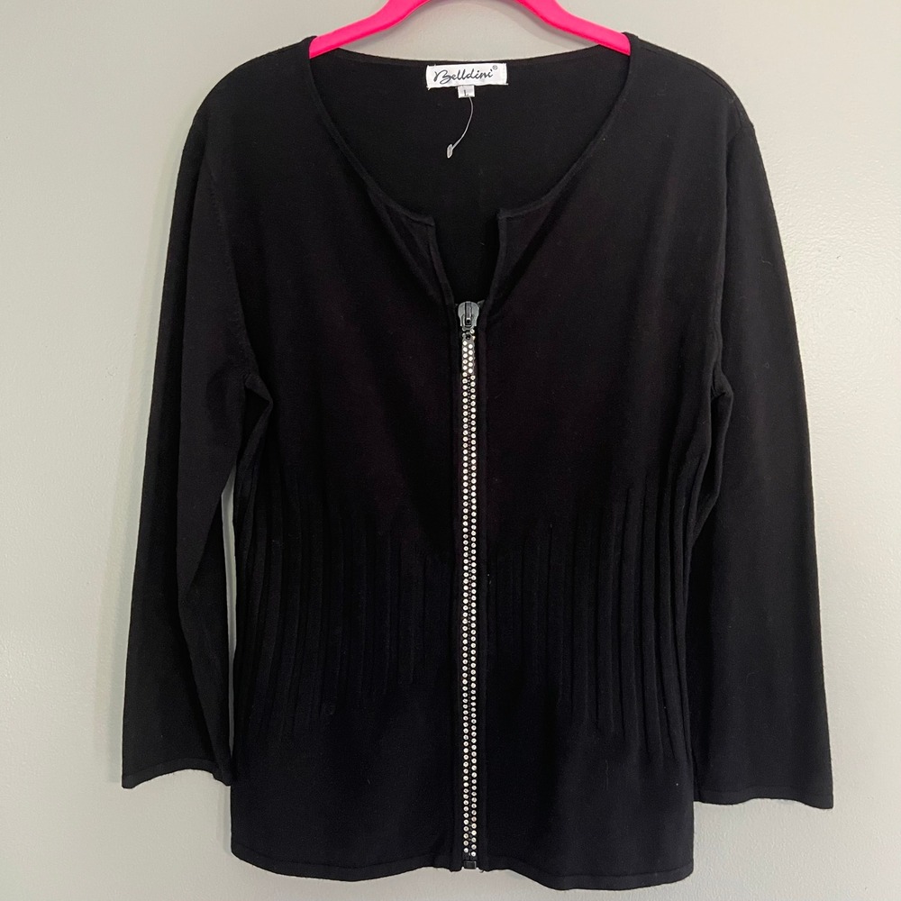 Belldini Black Rhinestone Zip Front‎ Cardigan Sweater Ribbed Waist Size L